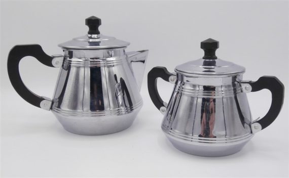 cafetiere et sucrier cuivre chrome vintage art deco