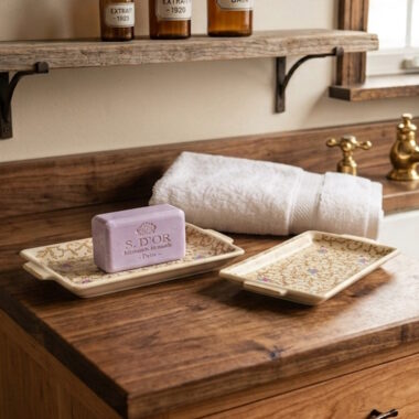 coupelles x2 vide poche porte savon ceramique fleurs or