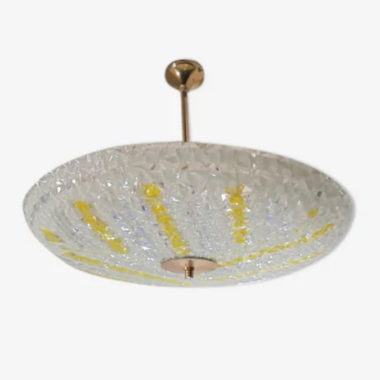 suspension vintage plateau en verre jaune blanc transparent annees 70