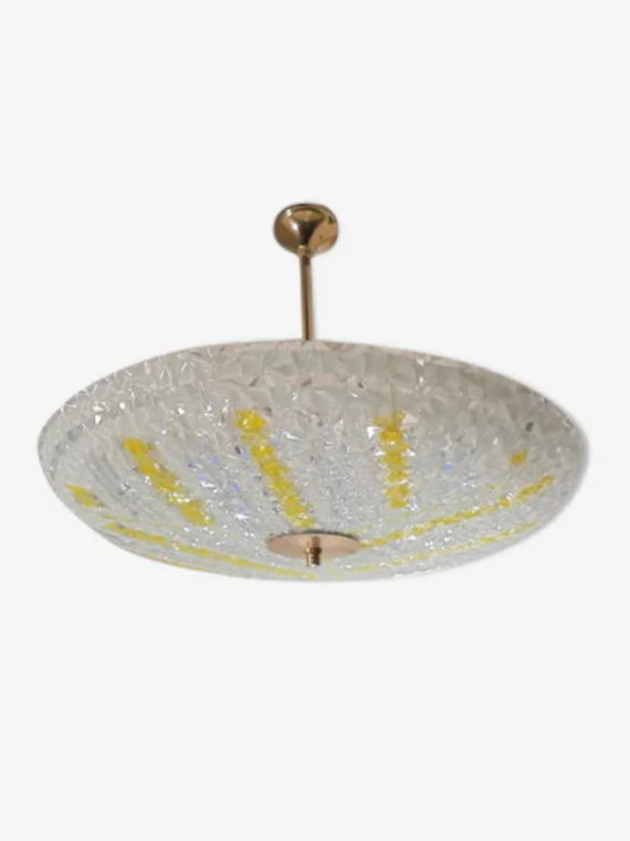 suspension vintage plateau en verre jaune blanc transparent annees 70