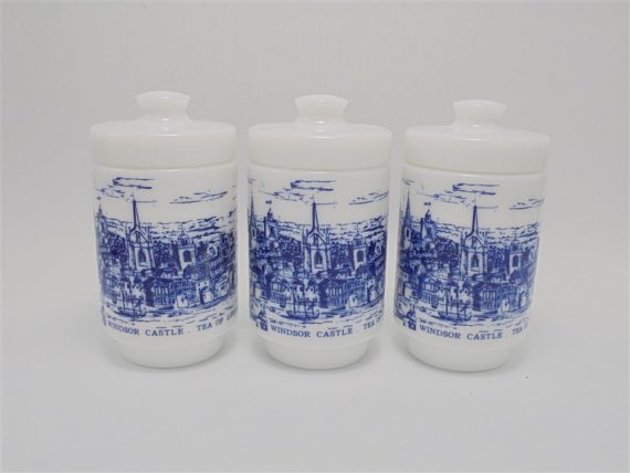 serie de 3 pots a the en verre opale decor bleu