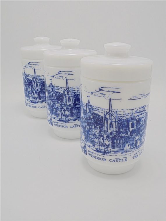 serie de 3 pots a the en verre opale decor bleu