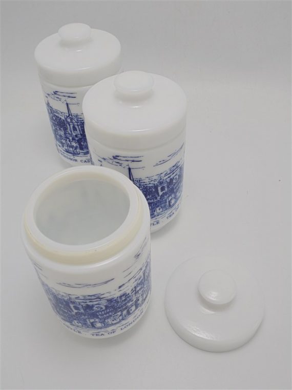 serie de 3 pots a the en verre opale decor bleu