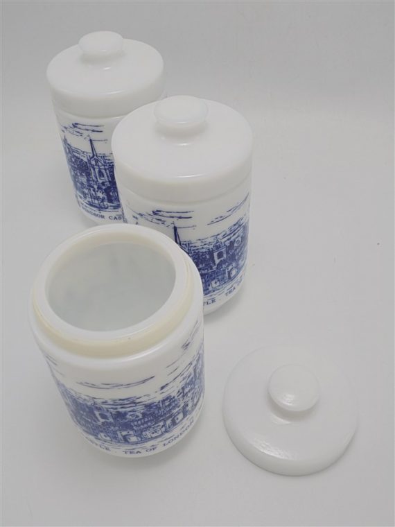 serie de 3 pots a the en verre opale decor bleu