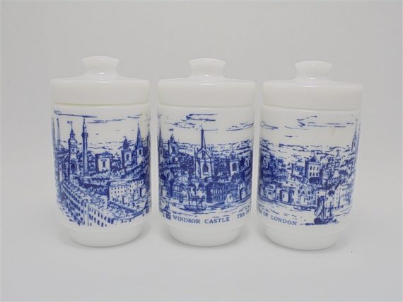 serie de 3 pots a the en verre opale decor bleu