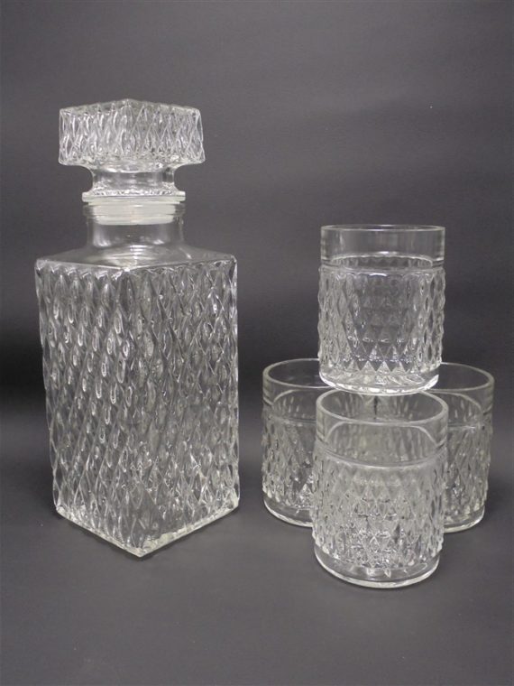service a whisky vintage en verre motifs losanges en relief carafe 4 verres