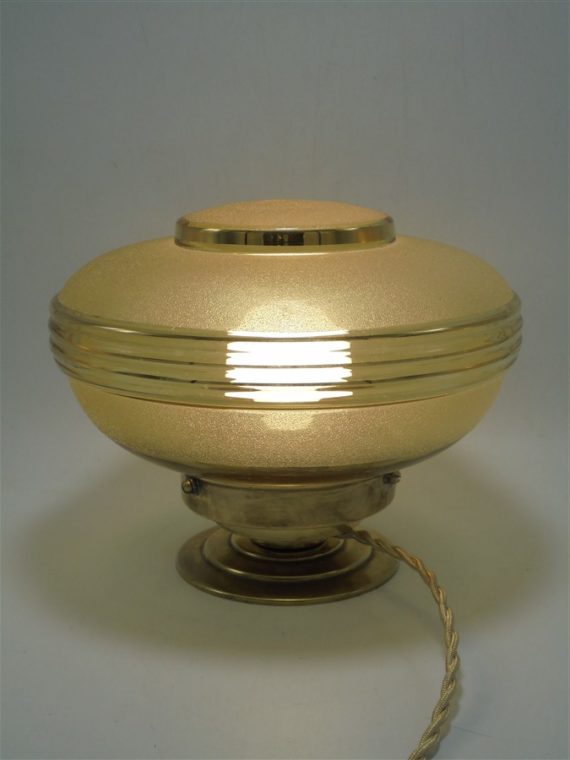 ancienne lampe art deco globe en verre granite jaune et or socle en laiton